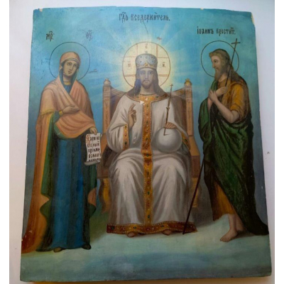 Икона винтажная Царь Славы Спас на тороне, Господь Вседержитель, доска, масло, 36х31 см